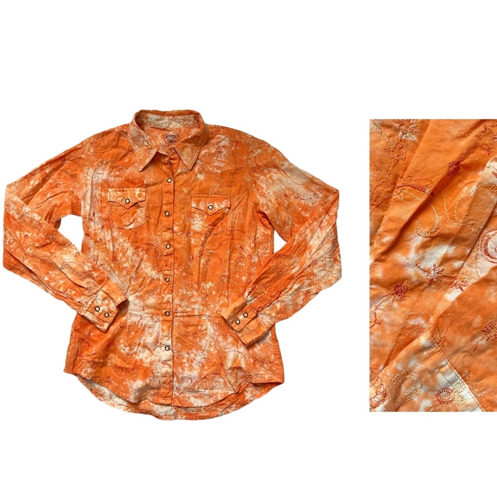 Twenty X Orange Tie Dye Button Down Blouse with Floral Embroidery